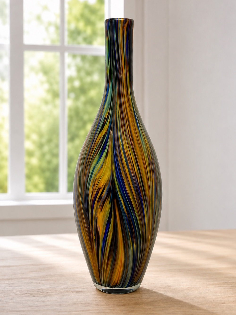 Vintage MCM Cased Art Glass Murano Style Peacock Feather Striped Handblown Vase